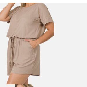 NEW Zenana Plus1X Ash Mocha Romper Elastic Waist Short Sleeve Top Side Pockets